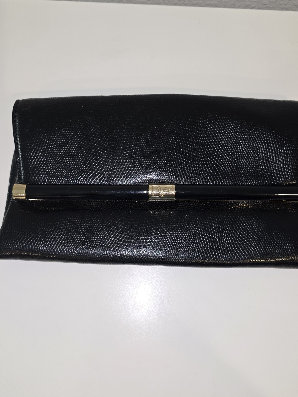Diane von Furstenberg Black Snakeskin Lizard Leather Clutch Gold Hardware